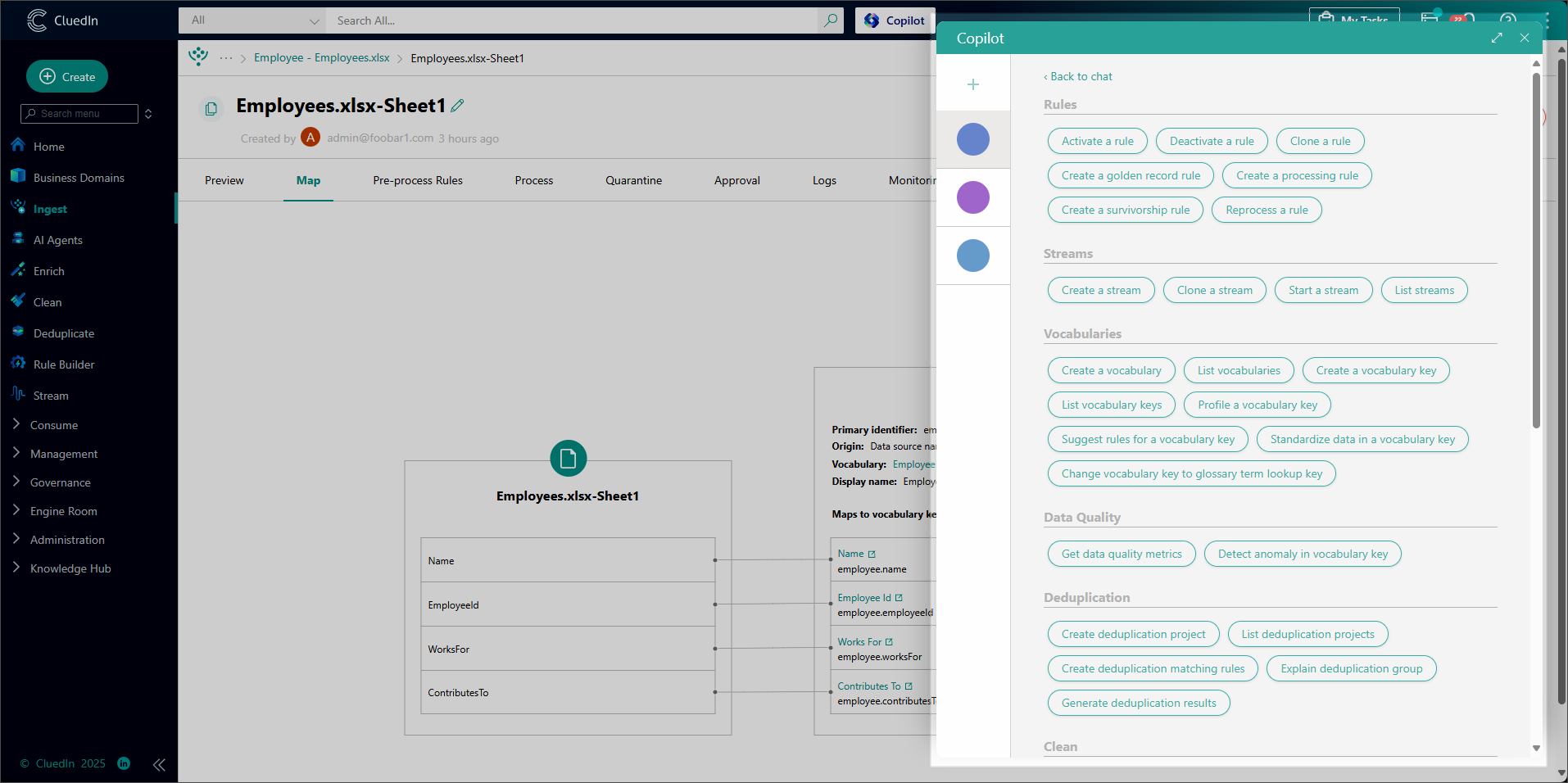 The Copilot pane open beside a data set Map tab, listing available actions grouped under Rules, Streams, Vocabularies, Data Quality and Deduplication